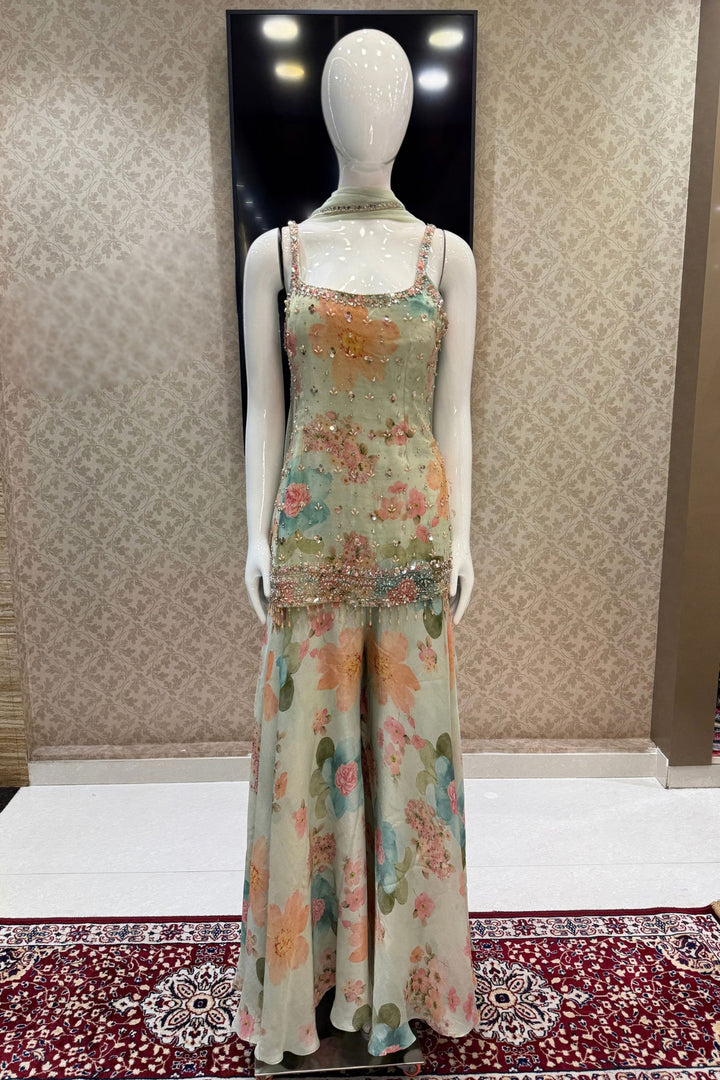 Sea Green Stone, Beads and Kundan work with Floral Print Palazzo Salwar Suit