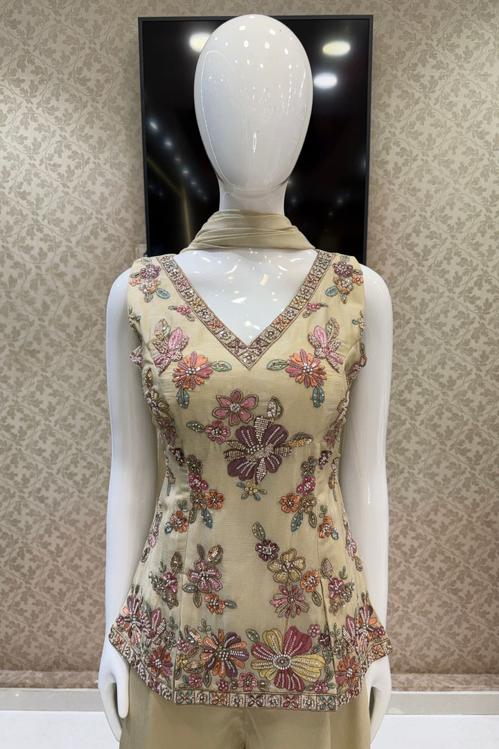 Cream Palazzo Set Featuring All-Over Multicolor Embroidery, Beads, Sequins and Zari
