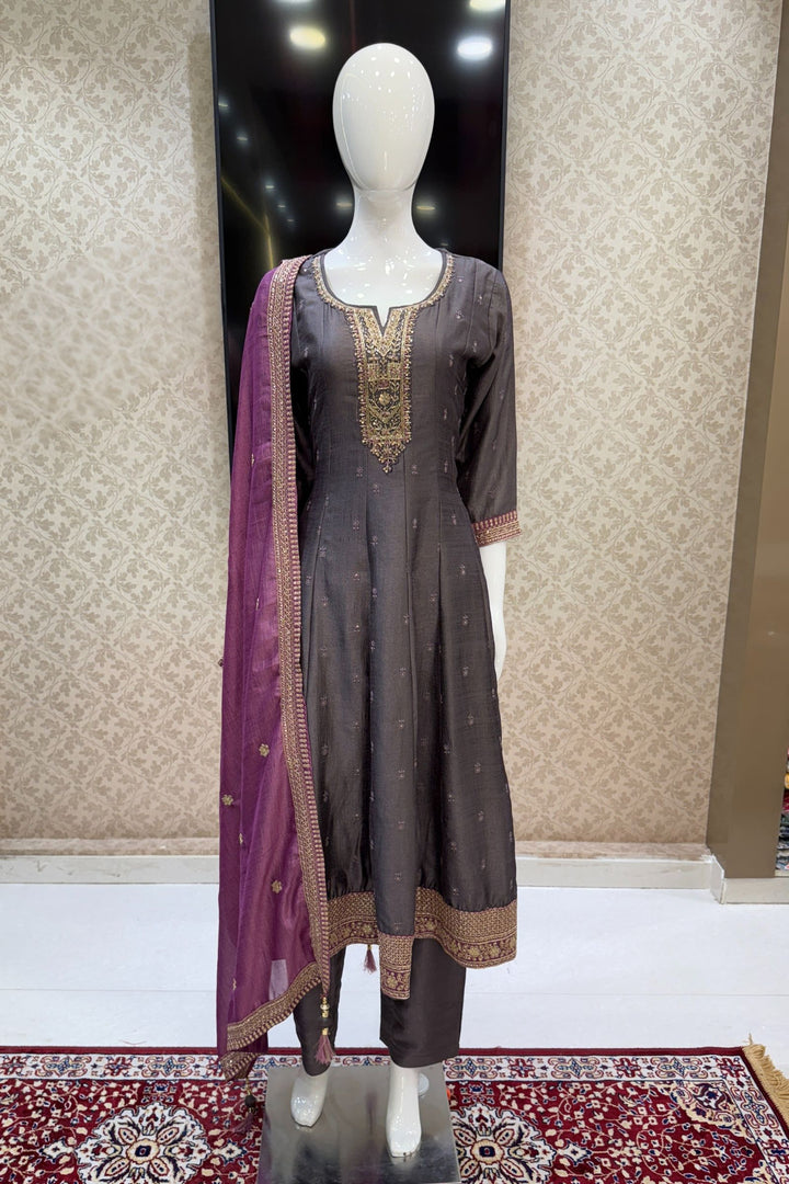 Grey Beads, Zardozi, Thread, Sequins, Stone and Zari work A-line Cut Salwar Suit