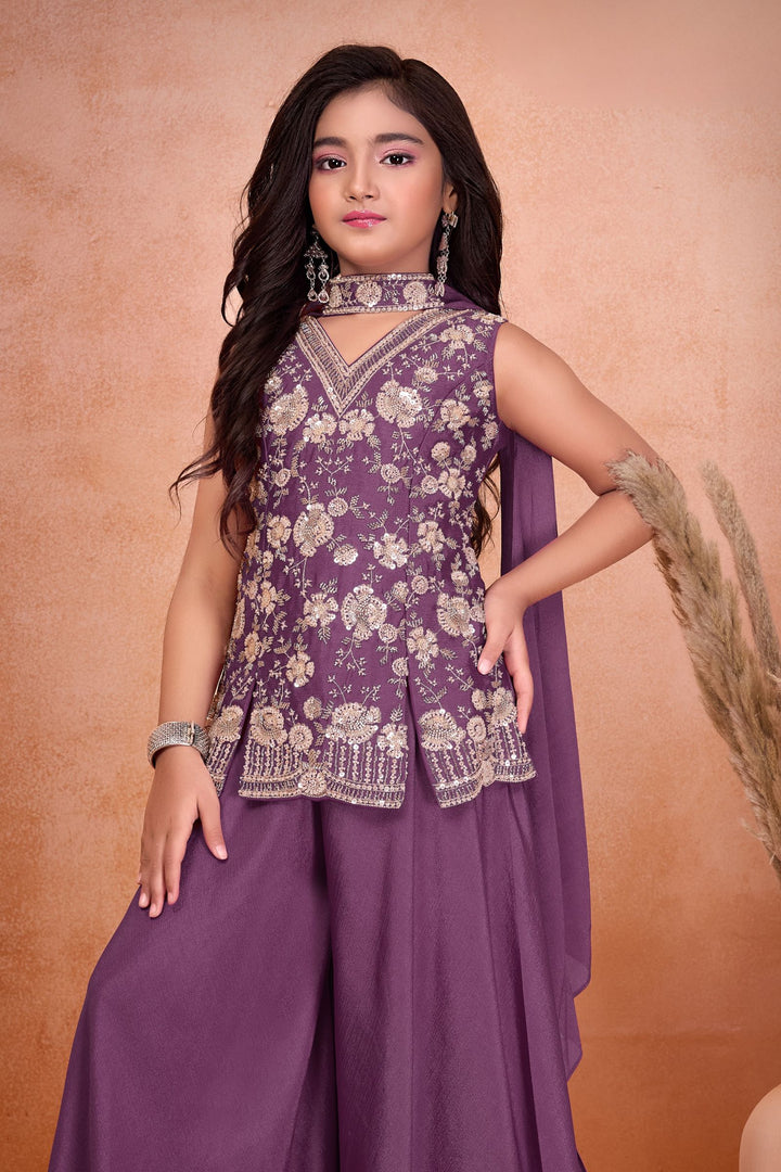 Purple Sequins, Beads and Thread work Palazzo Suit Set for Girls