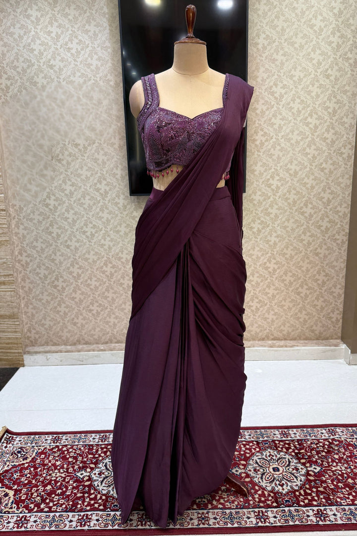 Wine Readymade Saree with Beads, Sequins and Pearl work Readymade Blouse
