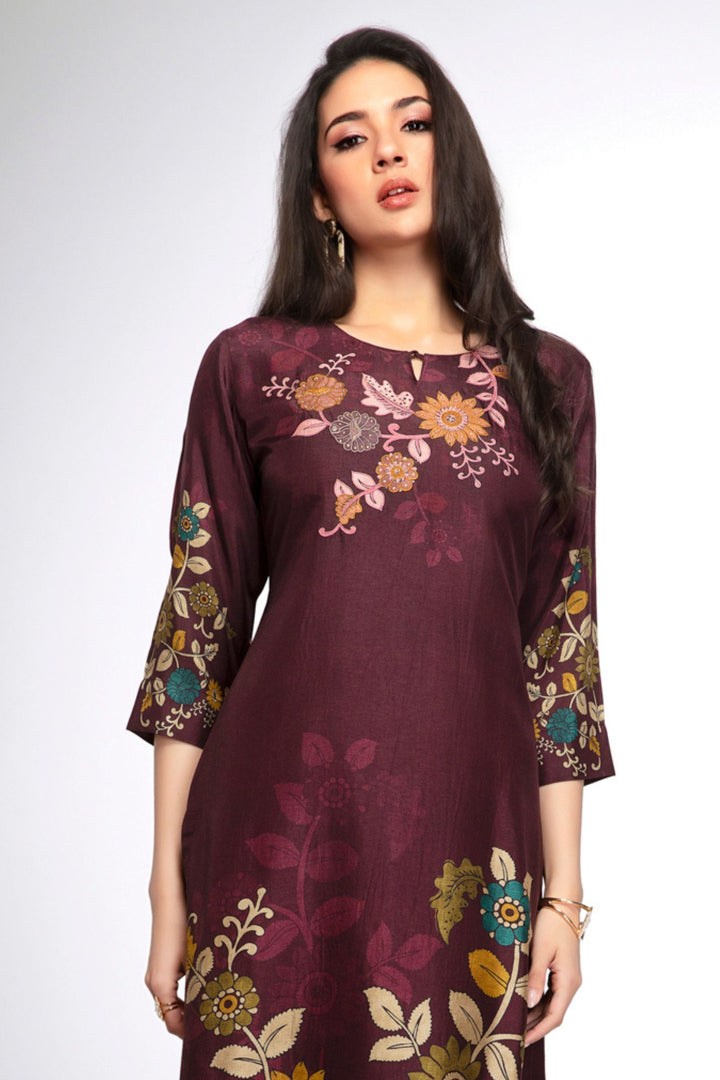 Wine Embroidery, Stone and Zari work with Floral Print Calf Length Kurti