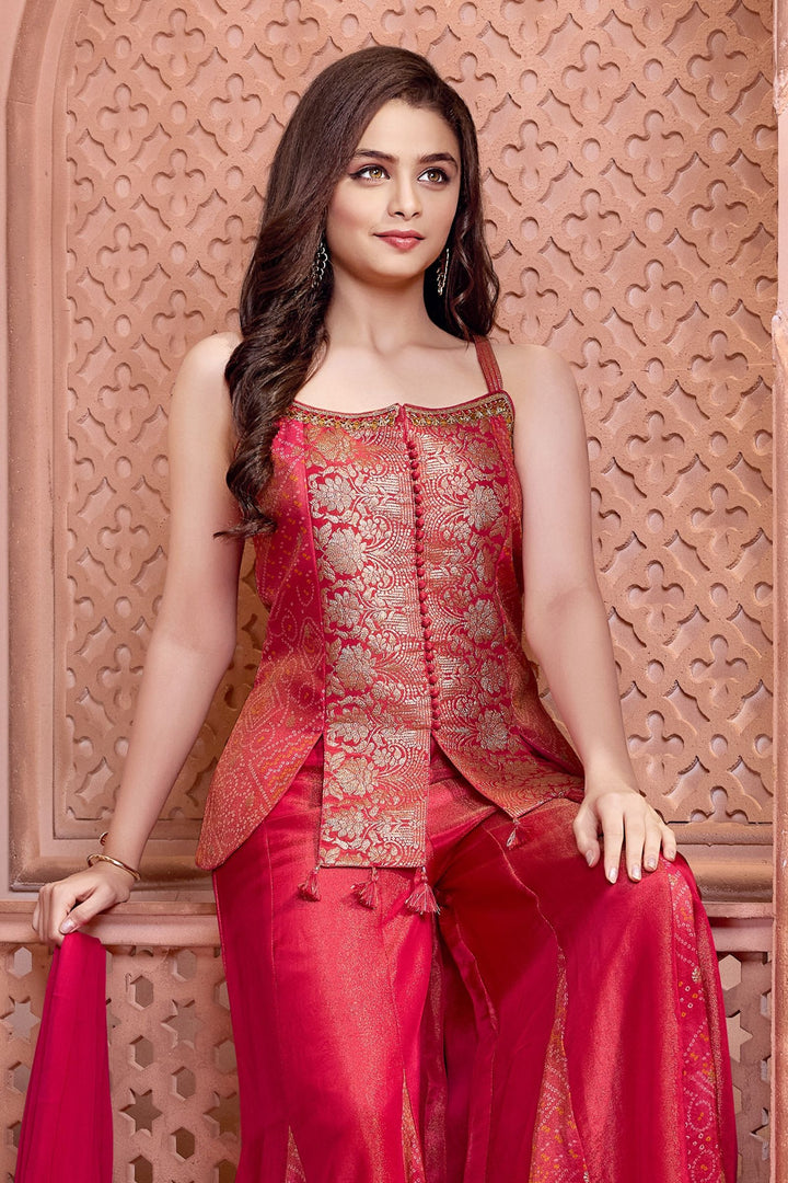 Pink Banaras Zari and Mirror work with Bandini Print Palazzo Suit Set for Girls