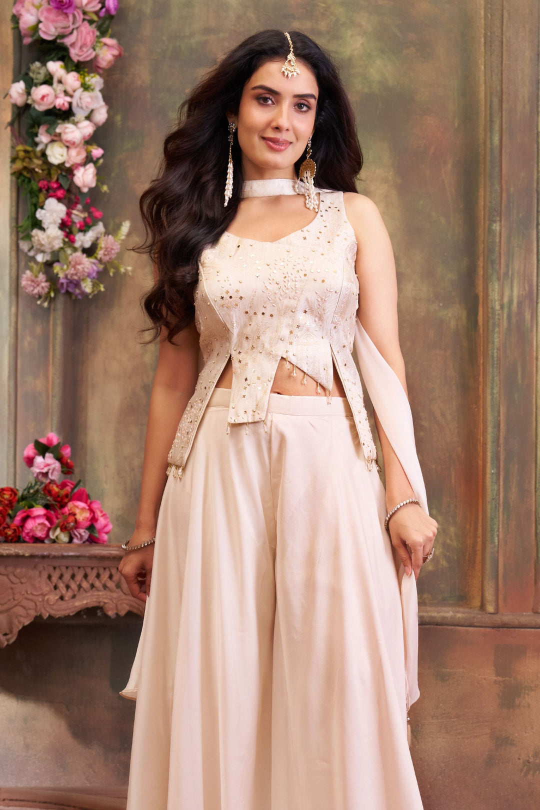 Beige Stone, Beads and Banaras work Palazzo Suit Set