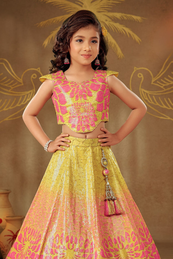 Yellow with Pink Digital Print, Sequins and Thread work Lehenga Choli for Girls