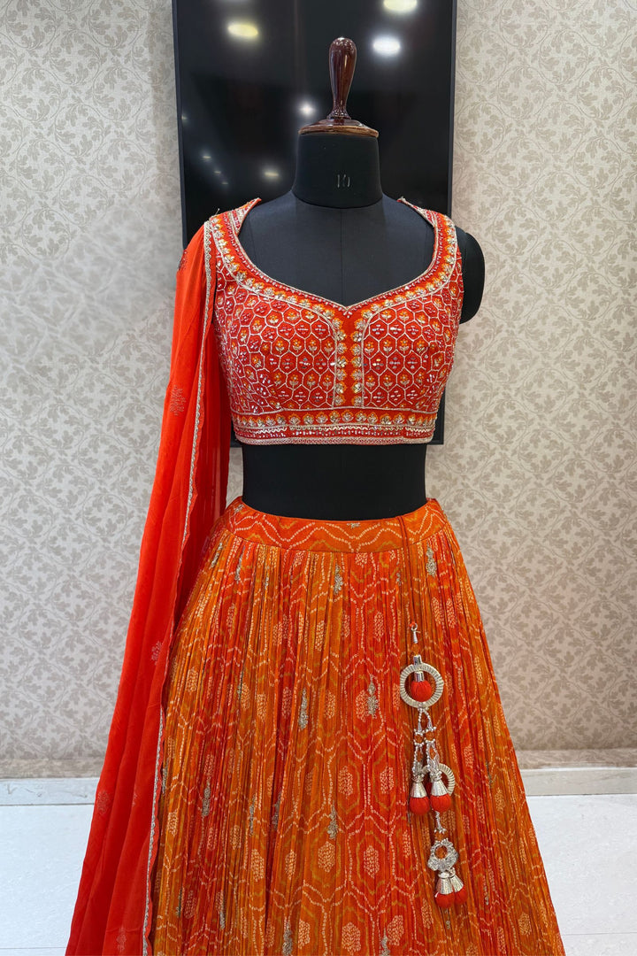 Orange Mirror, Stone, Zardozi and Sequins work with Bandini Print Crop Top Lehenga