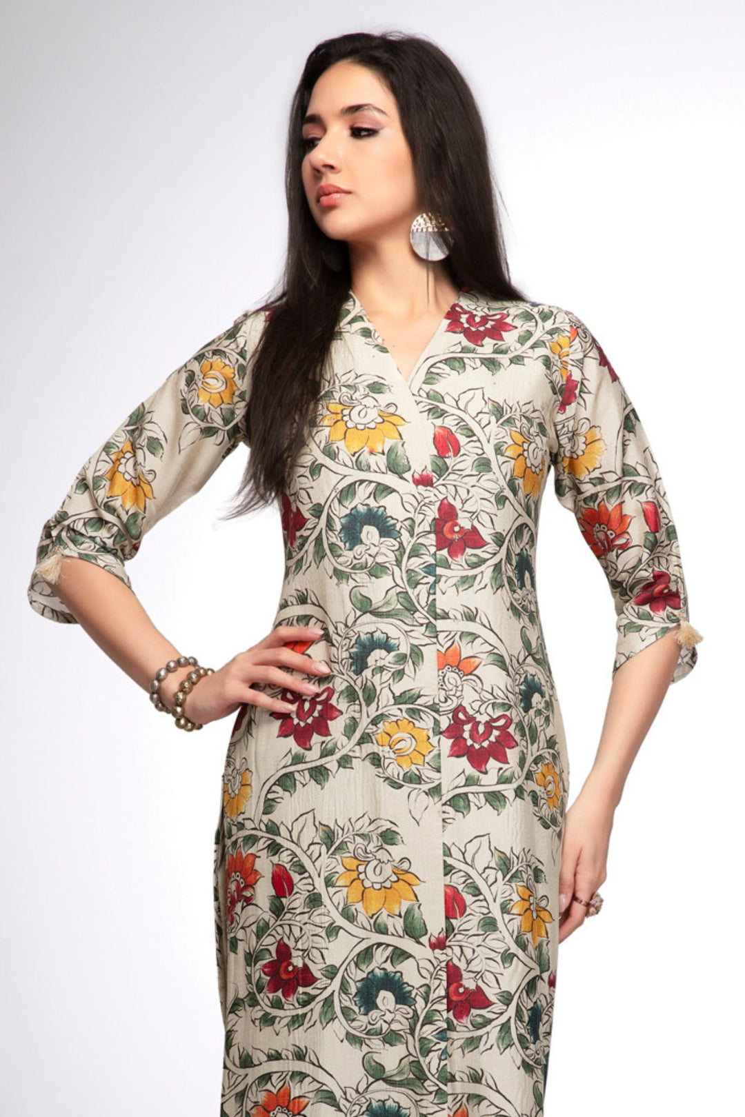 Cream Stone work with Floral Print Calf Length Kurti