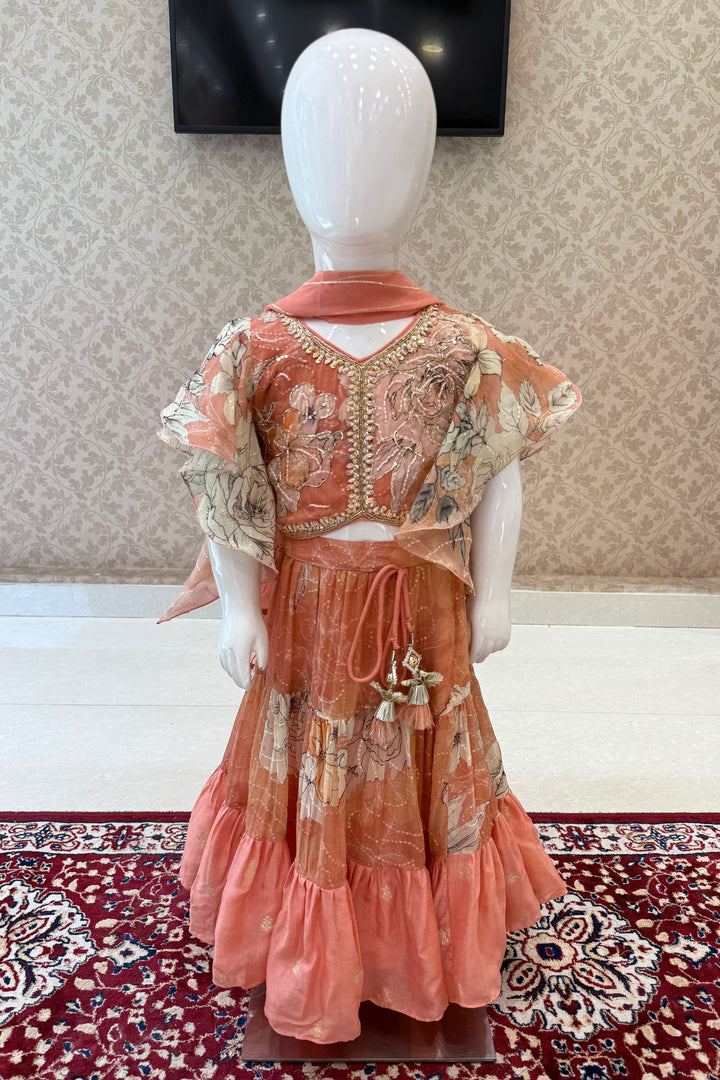 Peach Beads, Thread and Zardozi work with Floral Print Lehenga Choli for Girls