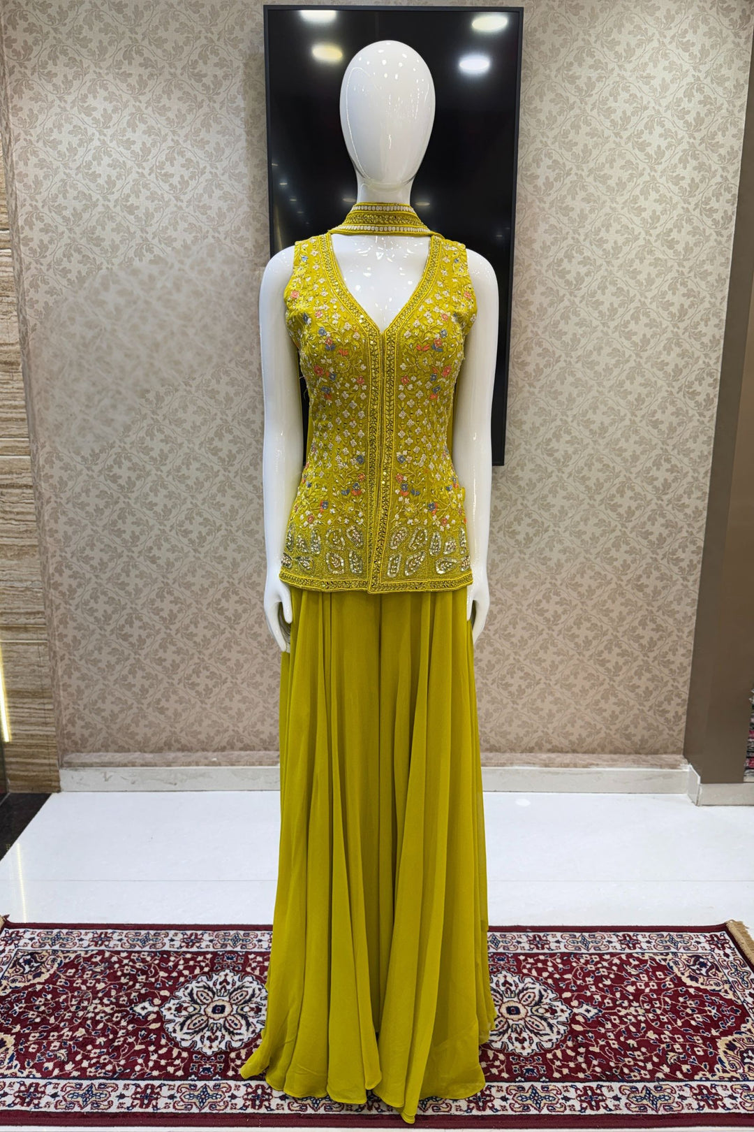 Liril Green Beads, Zari, Sequins, Stone and Embroidery work High Slit Palazzo Set