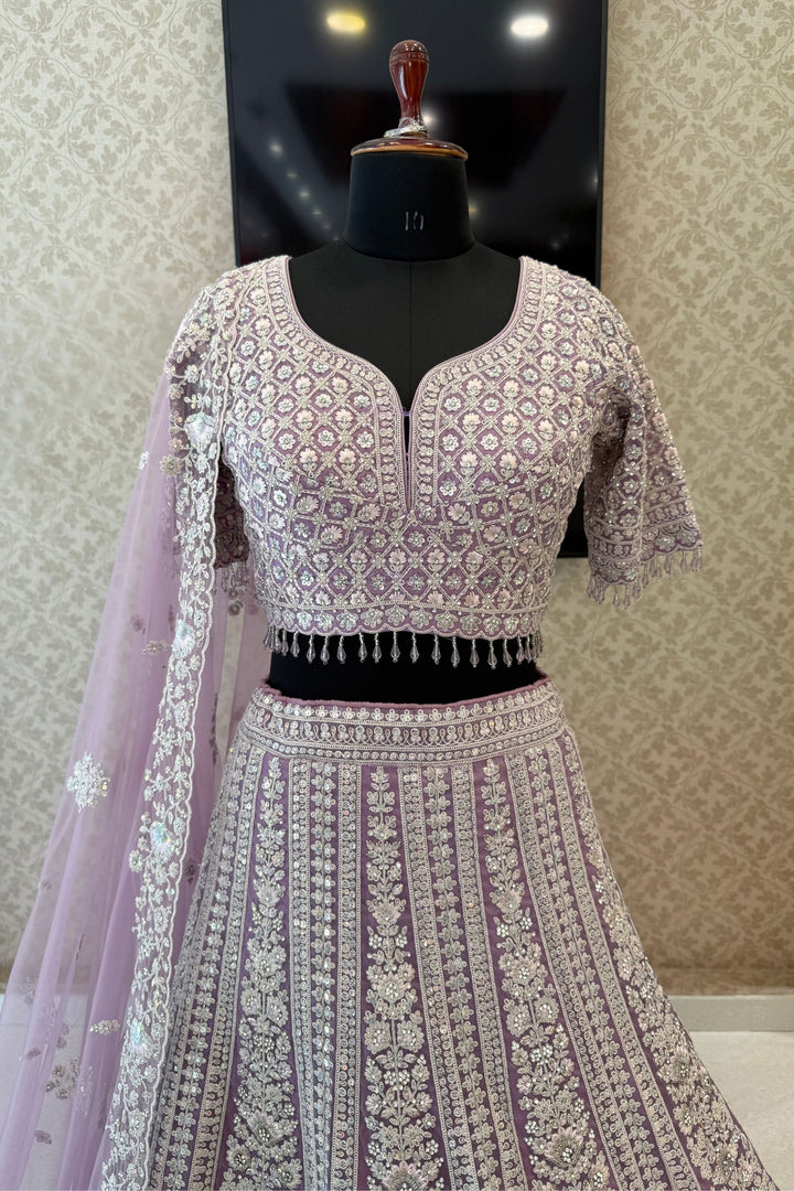 Lavender Wedding Lehenga with Intricate Zardozi, Sequins, Beads and Floral Embroidery