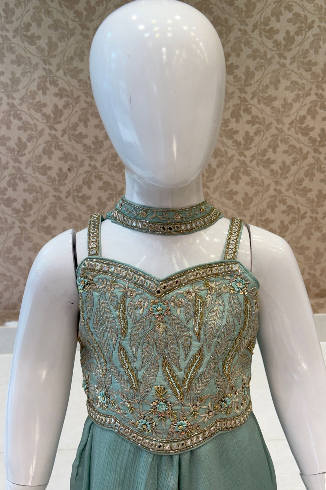 Sea Green Zari, Beads, Mirror and Zardozi work Palazzo Suit Set for Girls