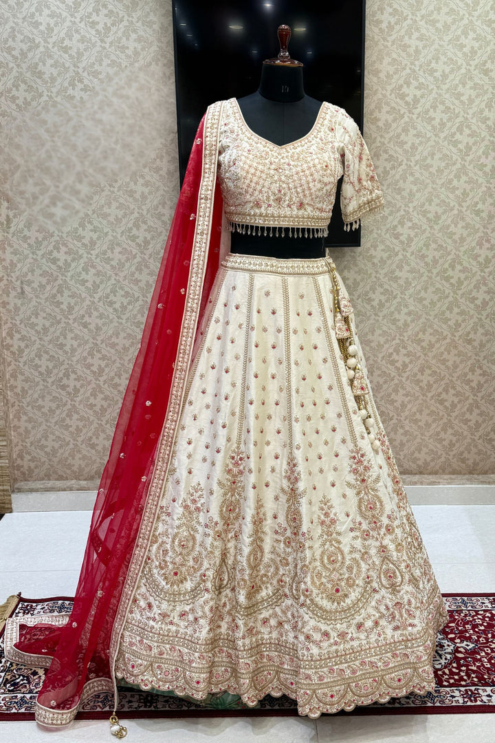 Designer Wedding Lehenga in Cream with Beads, Zari, Sequins and Thread Work