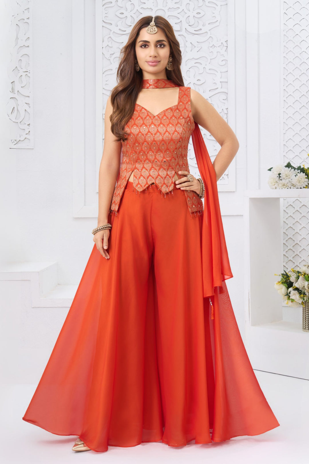 Orange Palazzo Salwar Suit with Banaras, Kundan and Beads Detailing