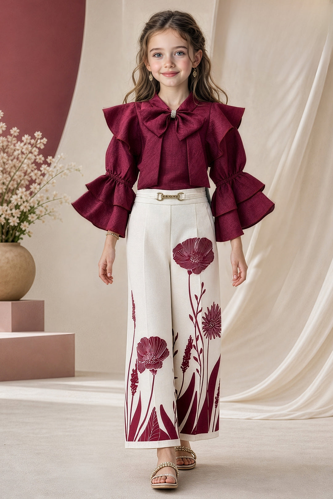 Magenta with Cream Top and Floral Print Palazzo Set for Girls