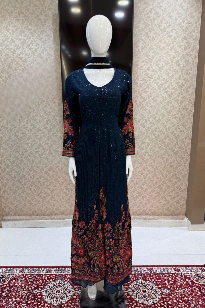 Peacock Blue Sequins and Multicolor Embroidery work Palazzo Salwar Suit