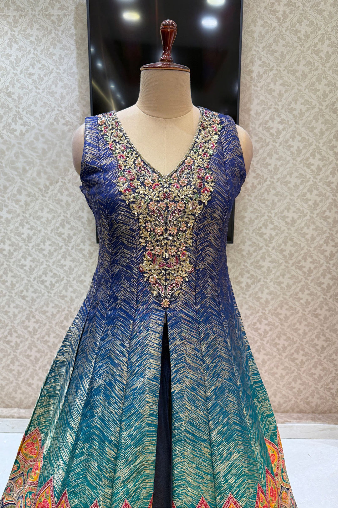 Blue with Rama Green Banaras work Mastani Styled Long Top Lehenga