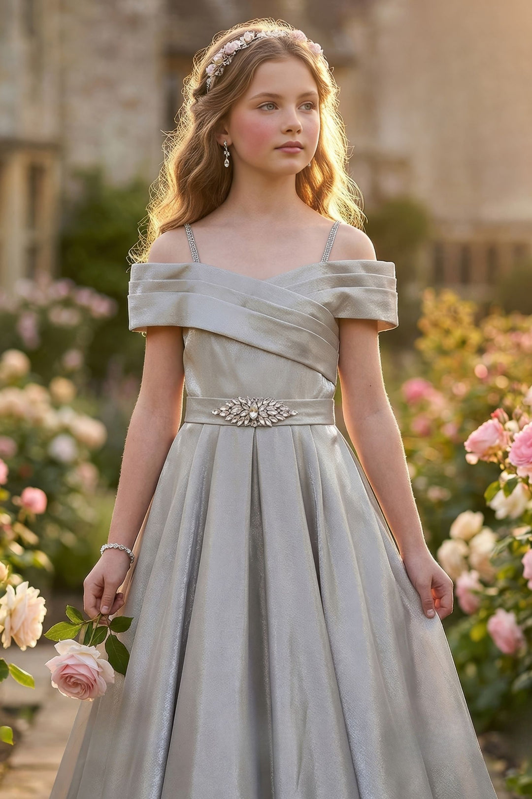 Grey Stone work Long Party Gown for Girls
