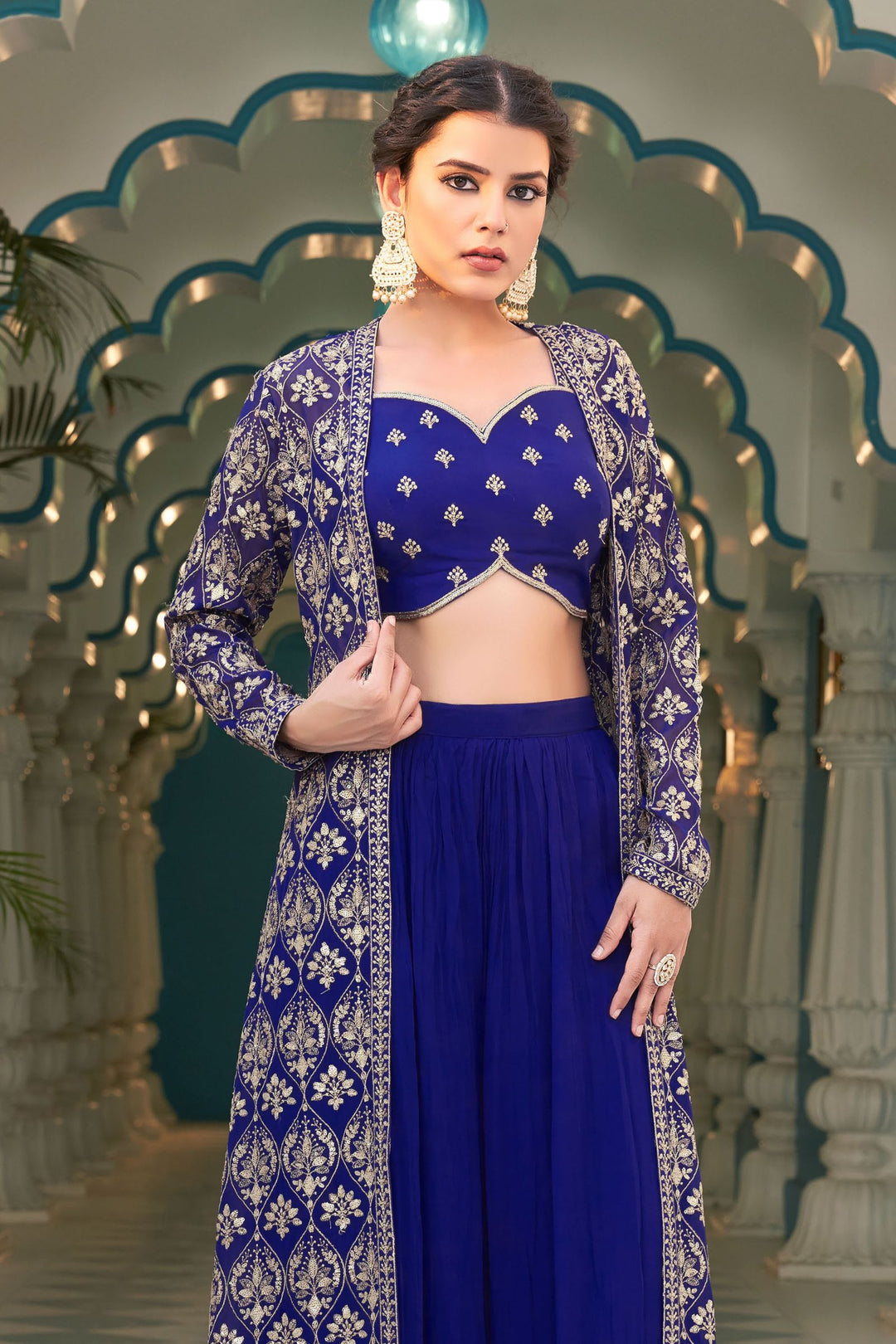 Royal Blue Sequins and Zari work Crop Top with Long Over Coat Palazzo Set