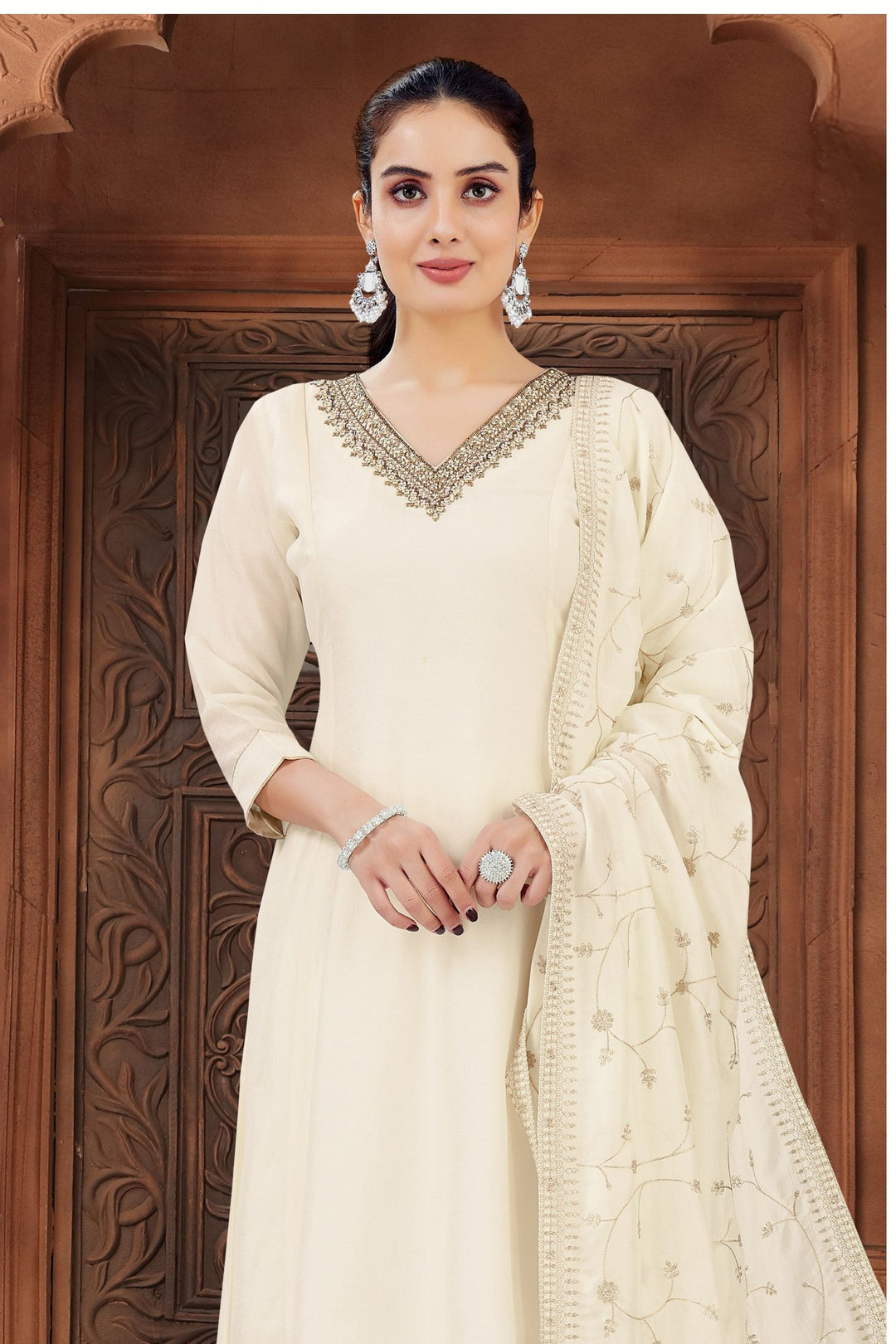 Cream Beads, Pearl, Zardozi, Stone, Zari and Sequins work A-line Cut Salwar Suit