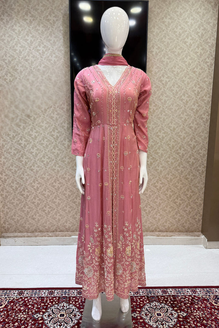 Rose Pink Beads, Sequins and Thread work Long Top with Straight Pant