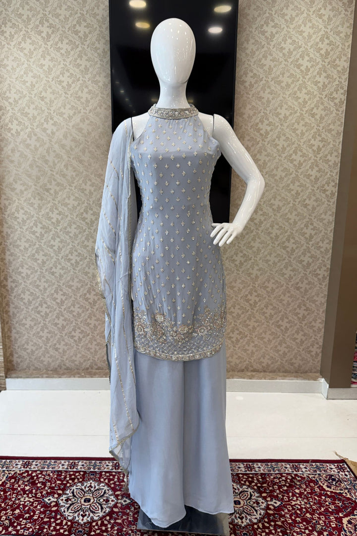 Sea Blue Zari, Sequins and Beads work Palazzo Salwar Suit