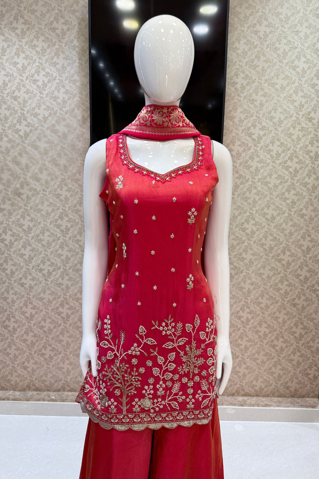 Tomato Red Beads, Sequins, Zari and Mirror work Palazzo Salwar Suit