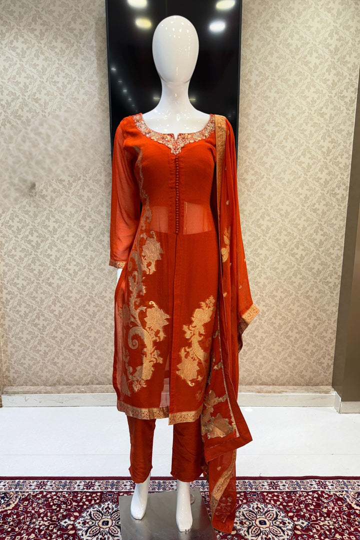Orange Banaras, Stone, Zardozi, SEquins, Beads and Zari work Straight Cut Salwar Suit