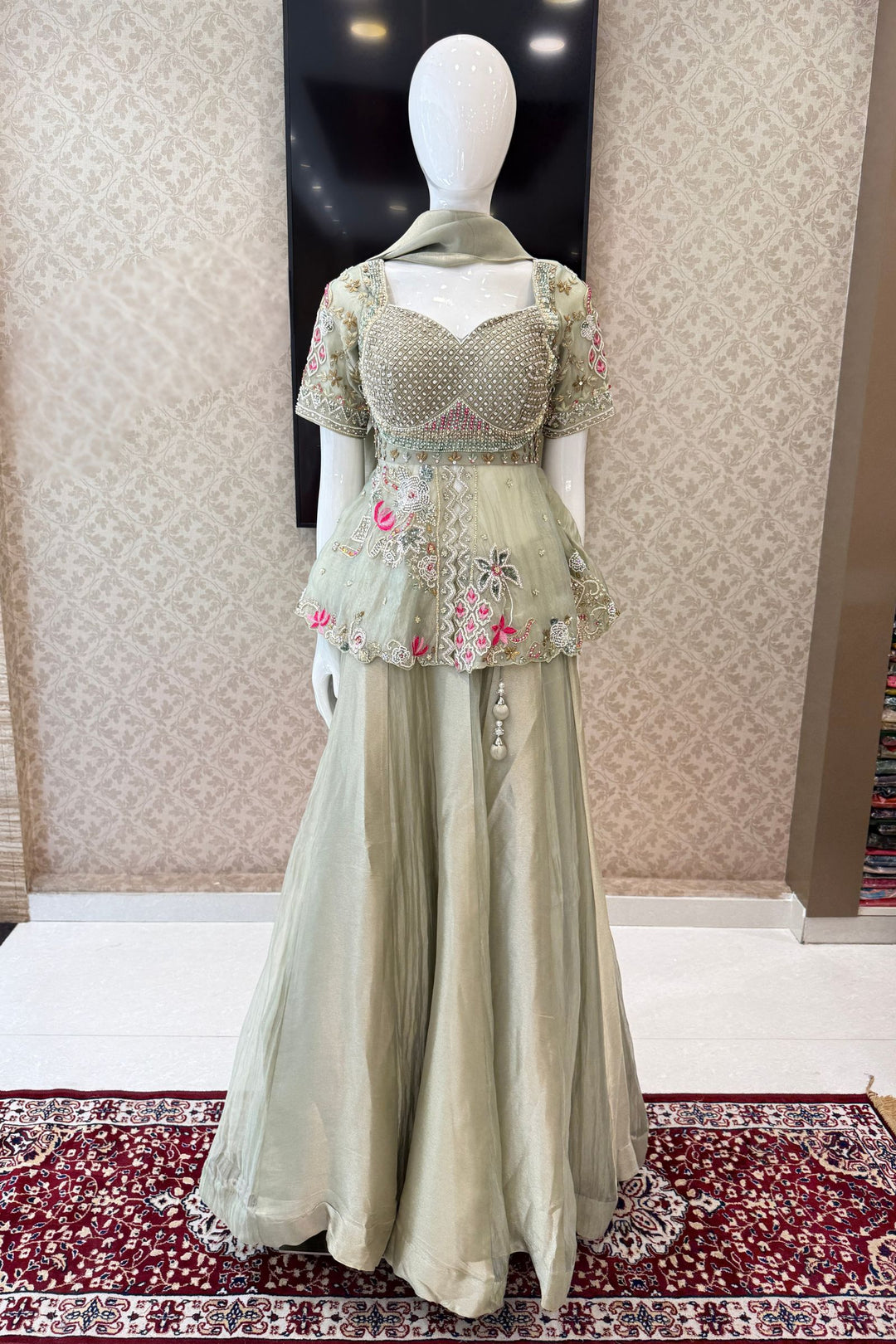 Sea Green Beads, Zardozi, Sequins and Multicolor Thread work Peplum Style Lehenga