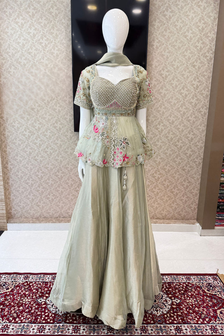 Sea Green Beads, Zardozi, Sequins and Multicolor Thread work Peplum Style Lehenga