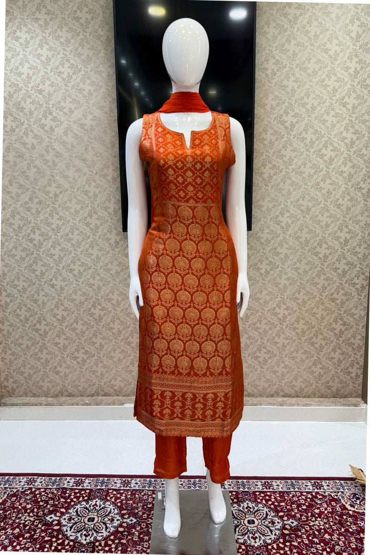 Orange Banaras work Straight Cut Salwar Suit