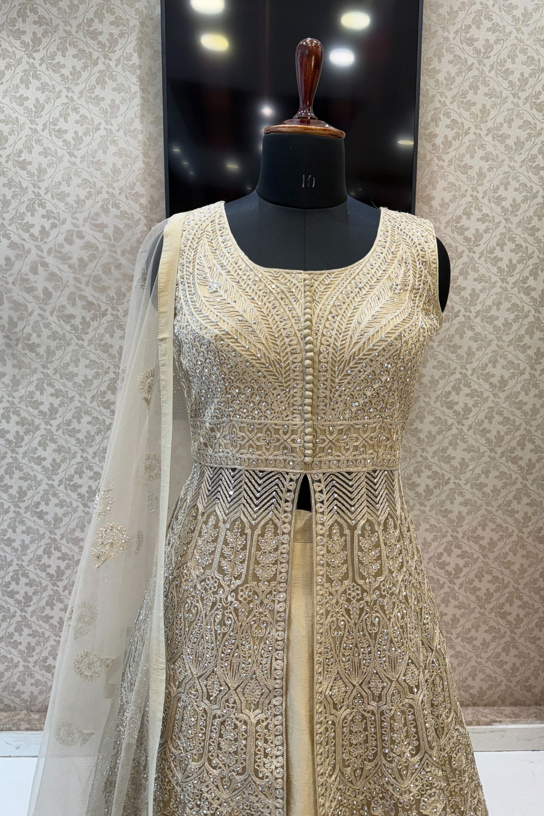 Chiku Stone and Zari Thread work Long Top Lehenga