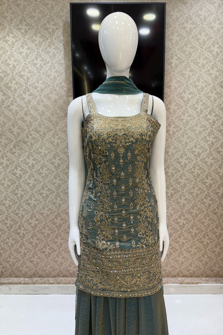 Sea Blue Stone, Beads, Mirror and Zari Thread work Palazzo Salwar Suit