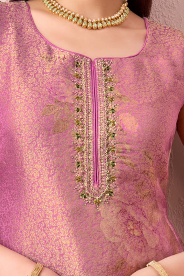 Lotus Pink Brocade, Zardozi, Stone and Zari work with Floral Print Straight Cut Salwar Suit