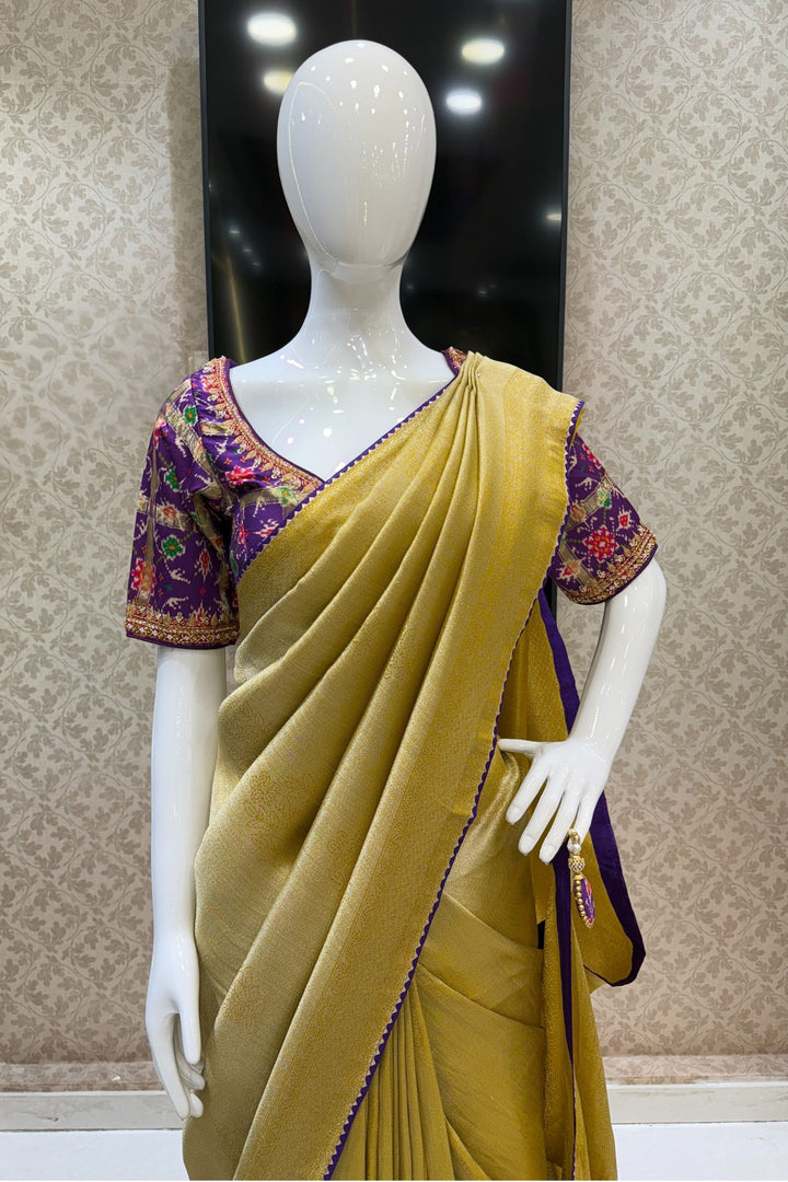 Mustard Saree with Purple Beads, Zari and Sequins work with Pochampally Print Blouse