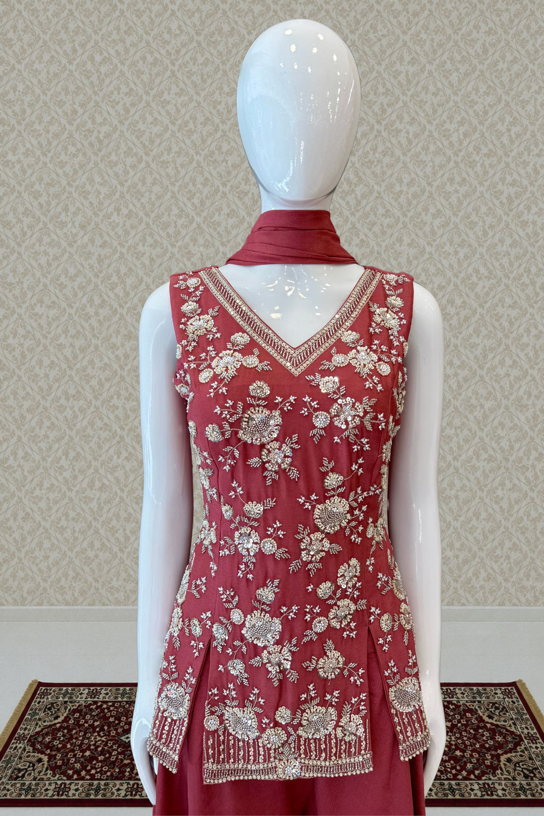 Rust Beads, Zari and Sequins work Palazzo Salwar Suit
