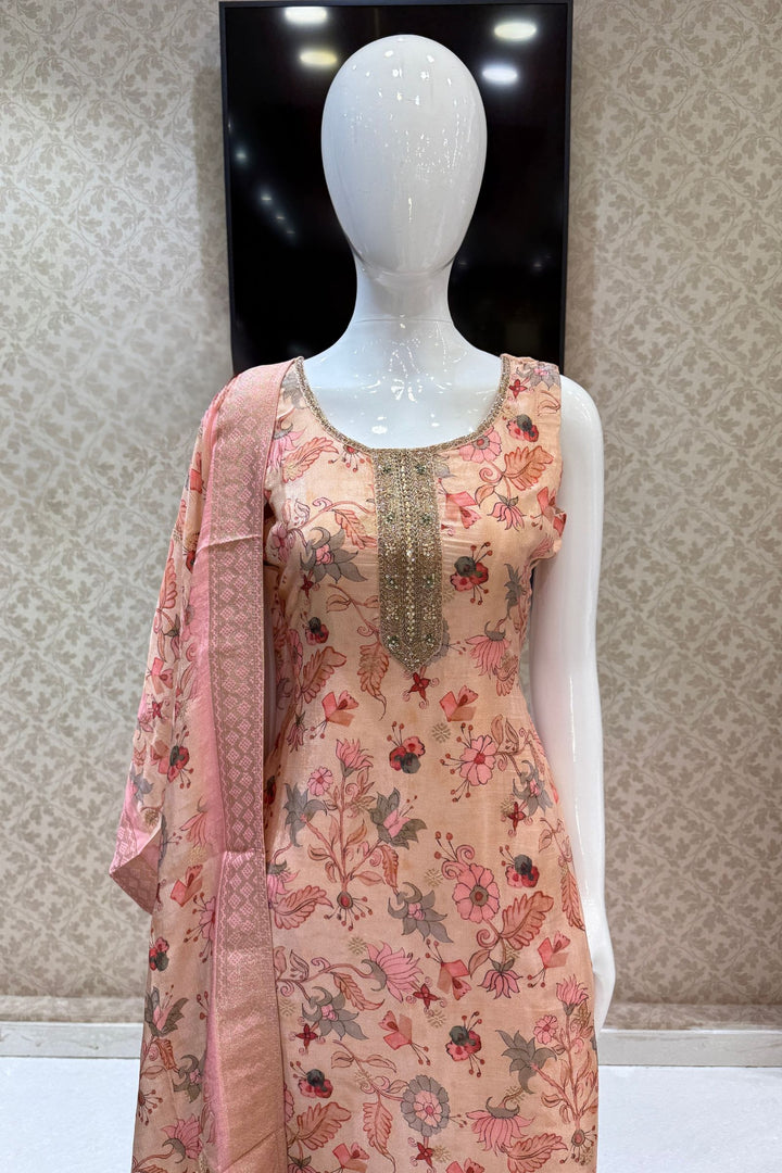 Peach Stone, Zadozi, Beads, Mirror and Zari Weaving work Straight Cut Salwar Suit