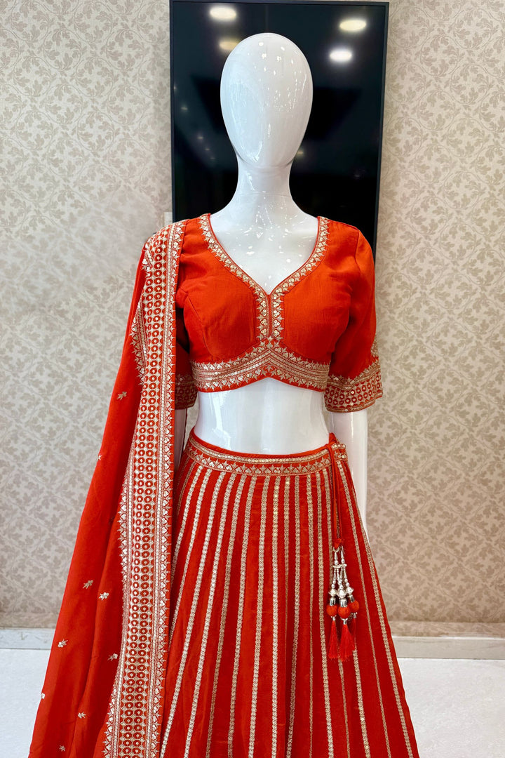 Orange Sequins and Zari work Crop Top Lehenga