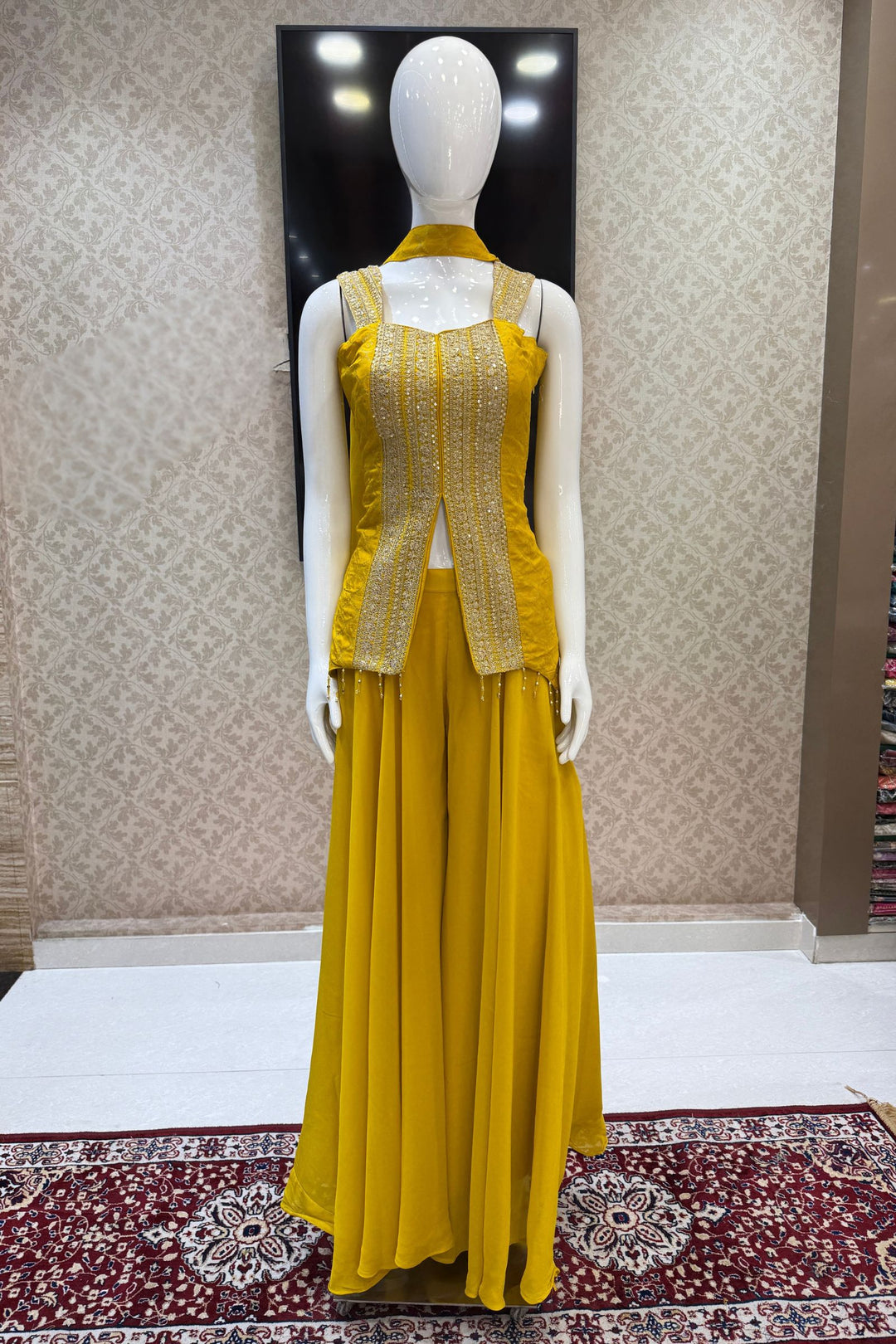 Yellow Banaras Zari, Sequins and Zari Thread work Palazzo Suit Set