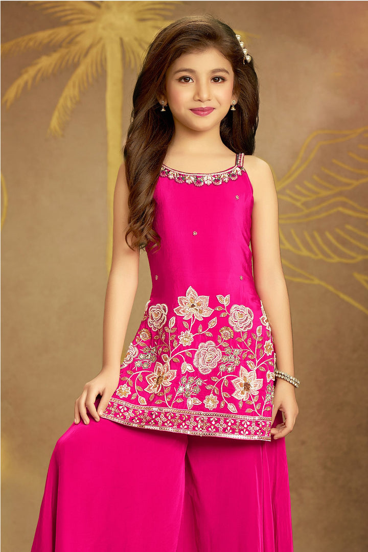 Rani Pink Stone, Beads, Sequins, Mirror and Thread work Palazzo Suit Set for Girls