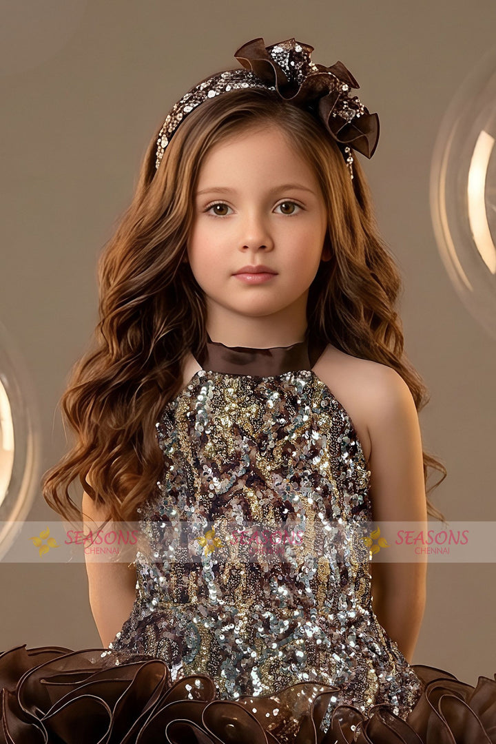 Chocolate Brown Sequins work Halter Ruffle Partywear Frock for Girls