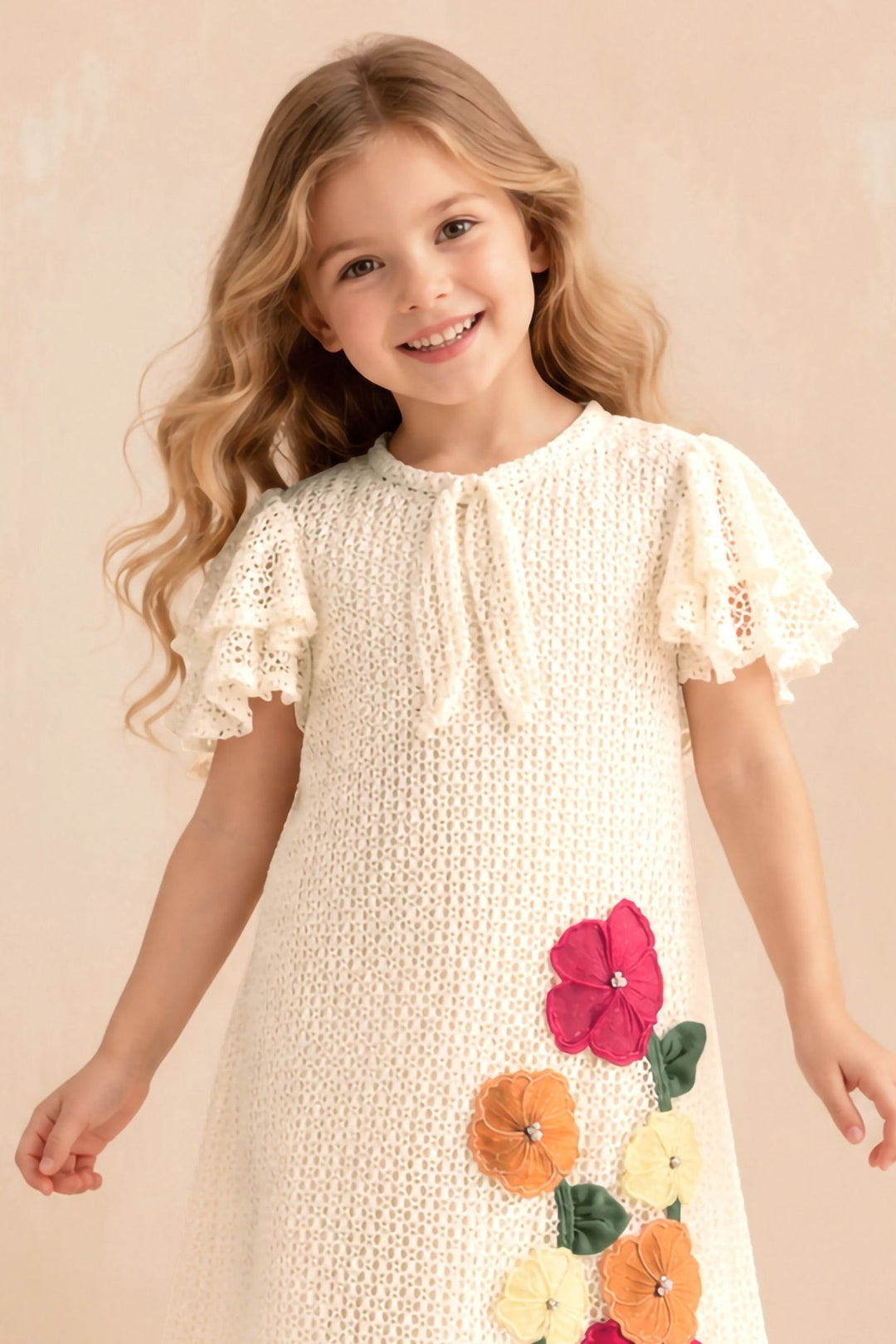 Cream Flower Applique Short Frock For Girls
