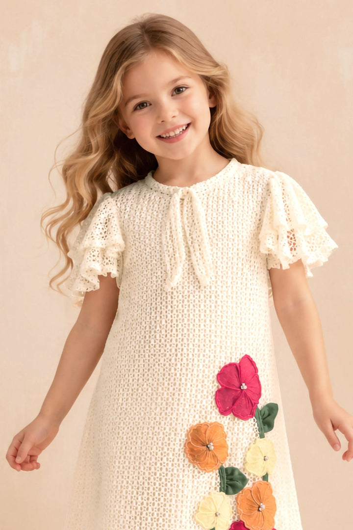 Cream Flower Applique Short Frock For Girls