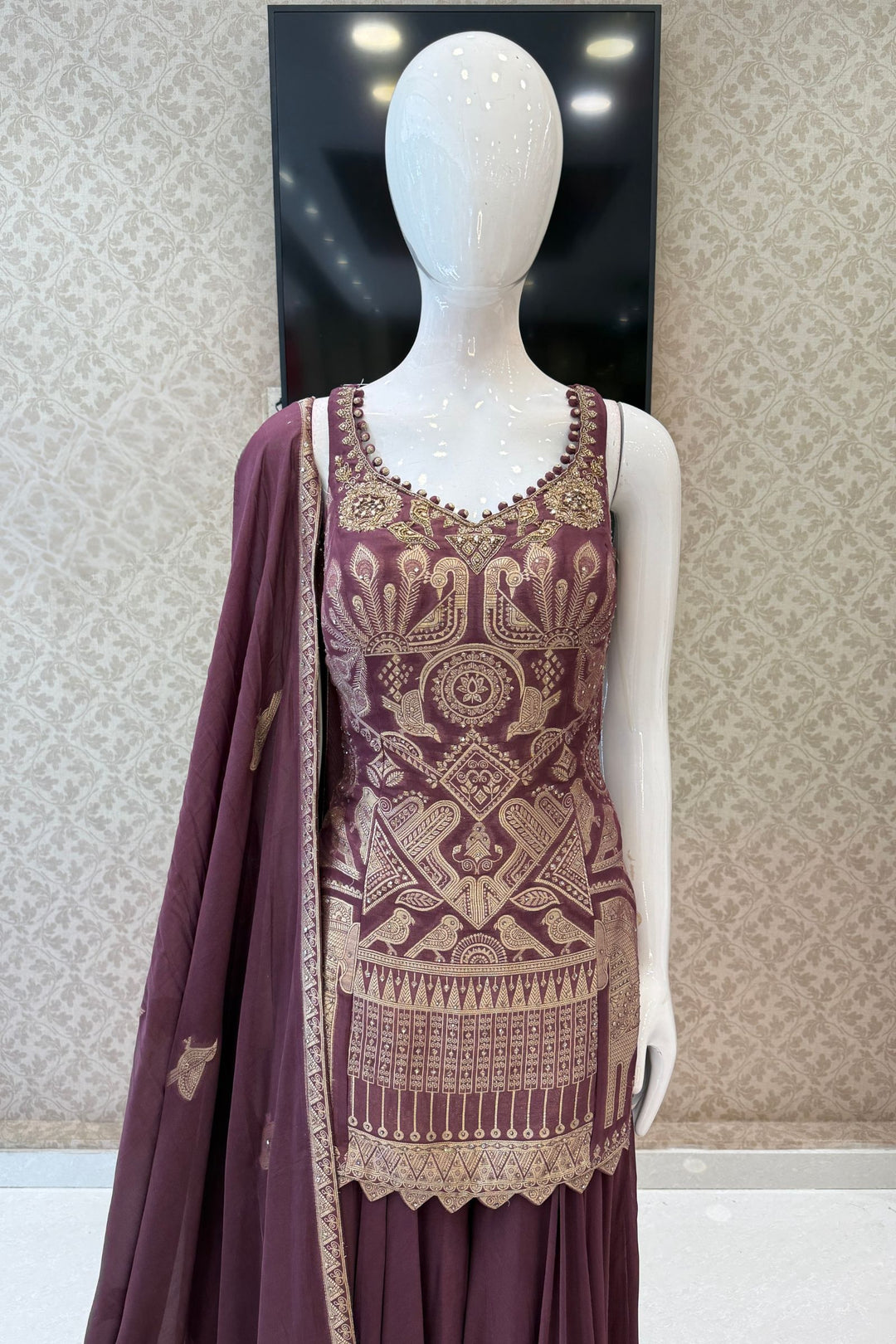 Light Wine Banaras, Stone, Zardozi and Beads work Palazzo Salwar Suit