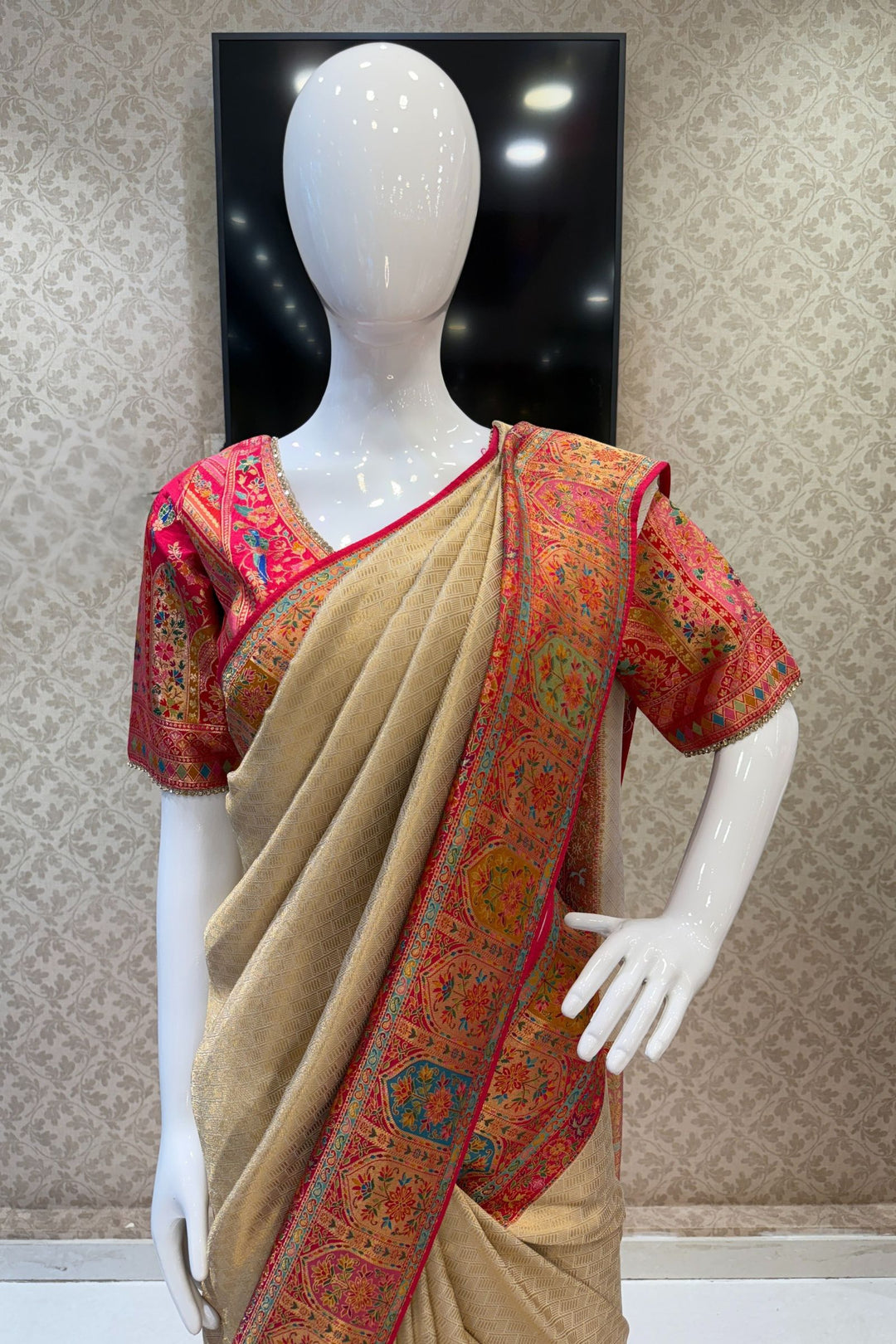 Beige Banaras work Saree
