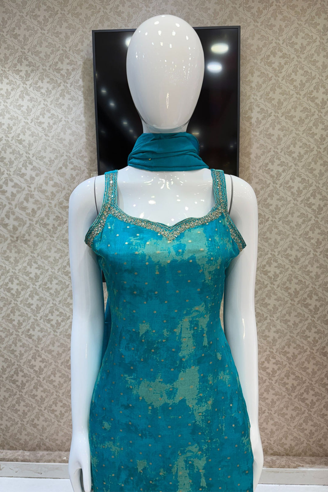 Rama Blue Stone, Zari, Zardozi and Mirror work Straight Cut Salwar Suit