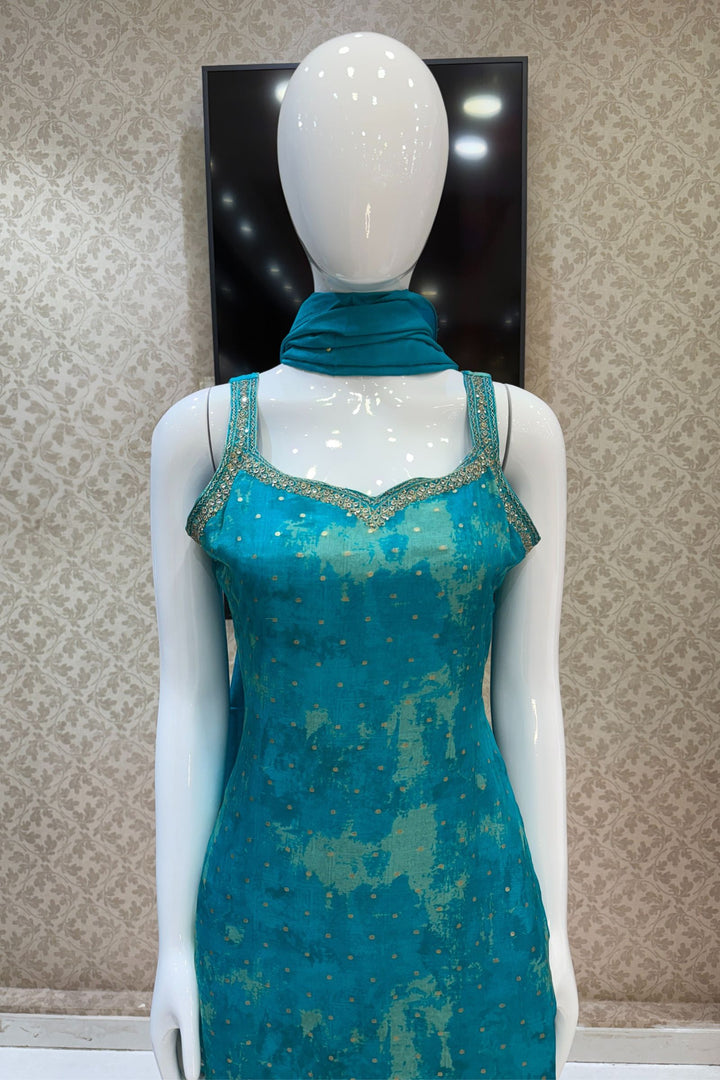 Rama Blue Stone, Zari, Zardozi and Mirror work Straight Cut Salwar Suit