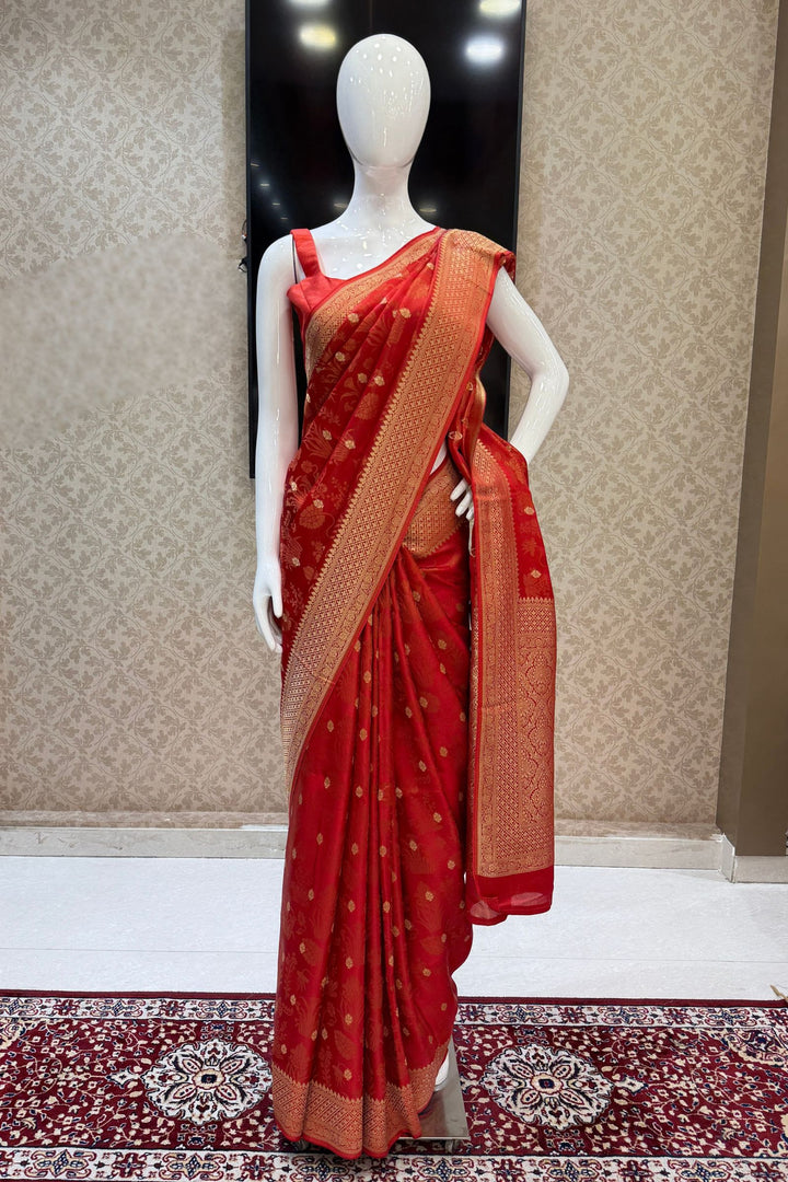 Orange Banaras Zari work Saree