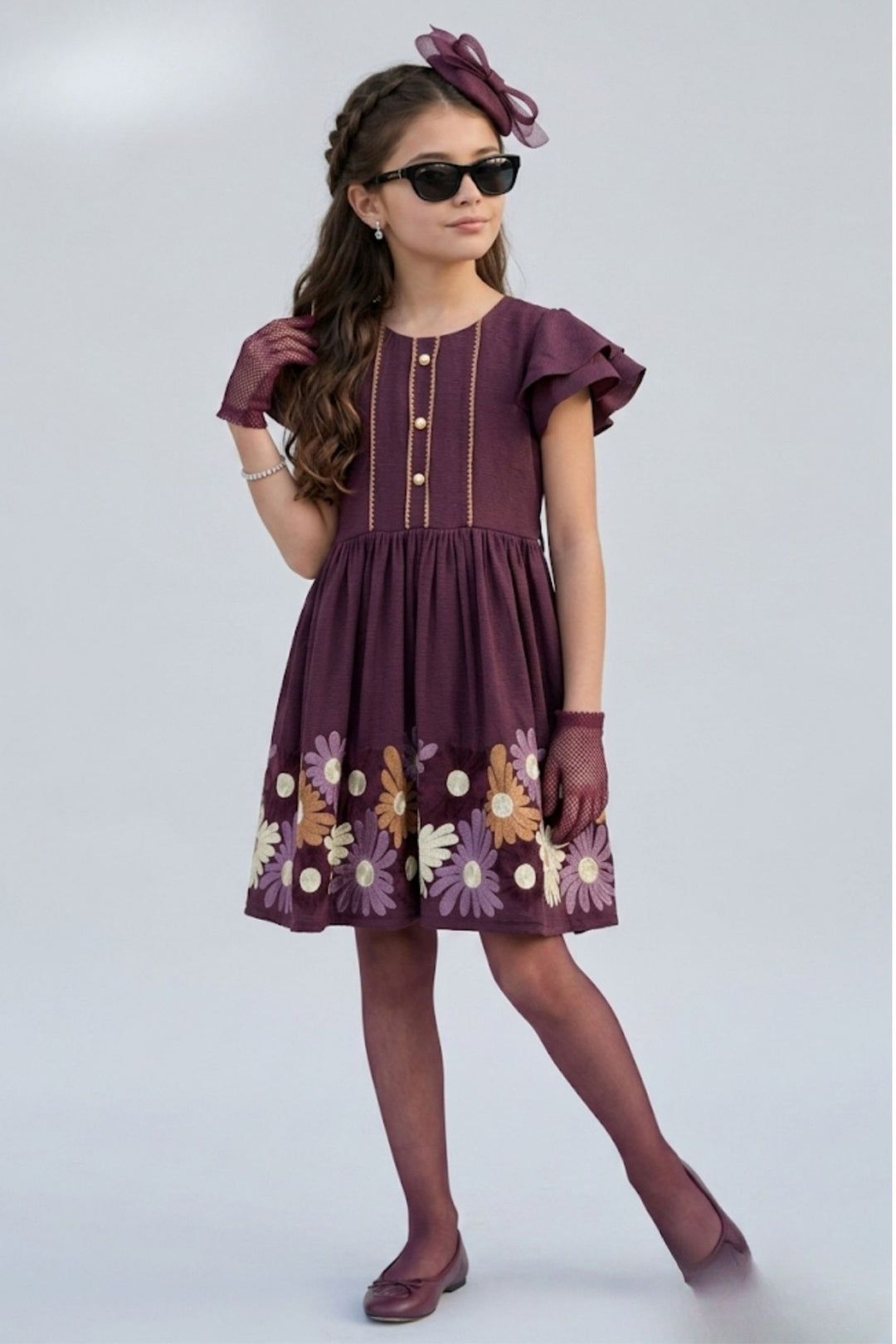 Wine Floral Embroidery work Short Casual Frock For Girls