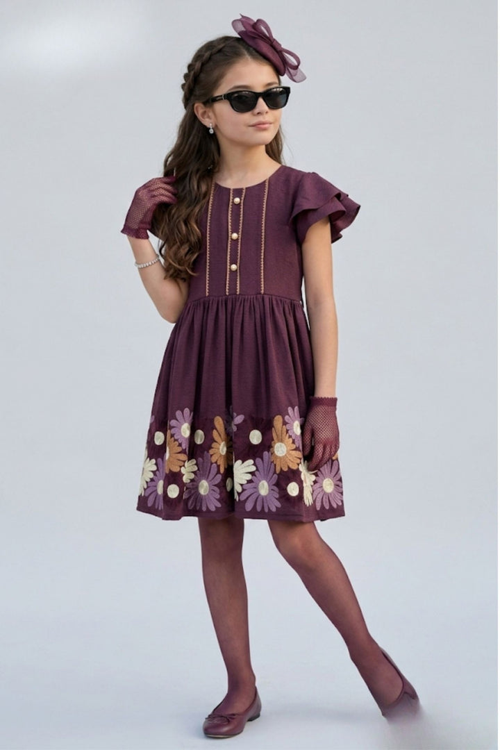 Wine Floral Embroidery work Short Casual Frock For Girls