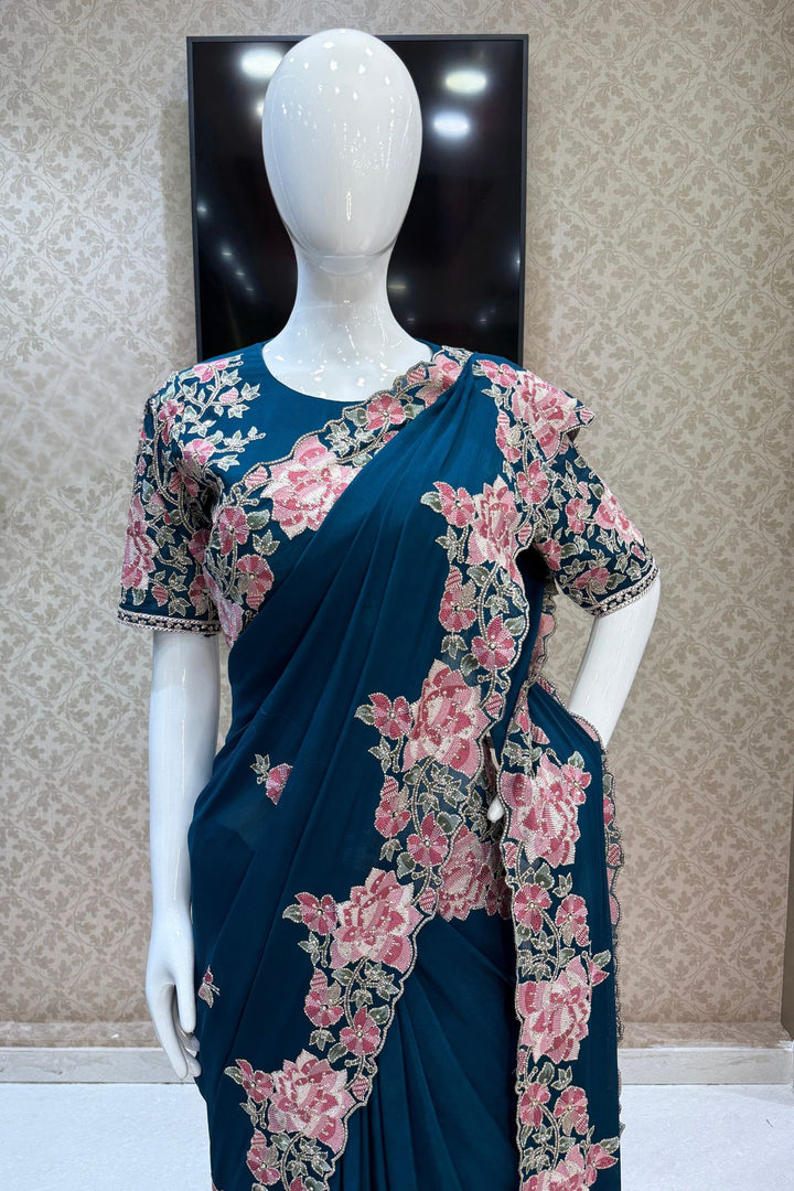 Peacock Green Embroidery, Sequins, Pearl and Zari work Saree